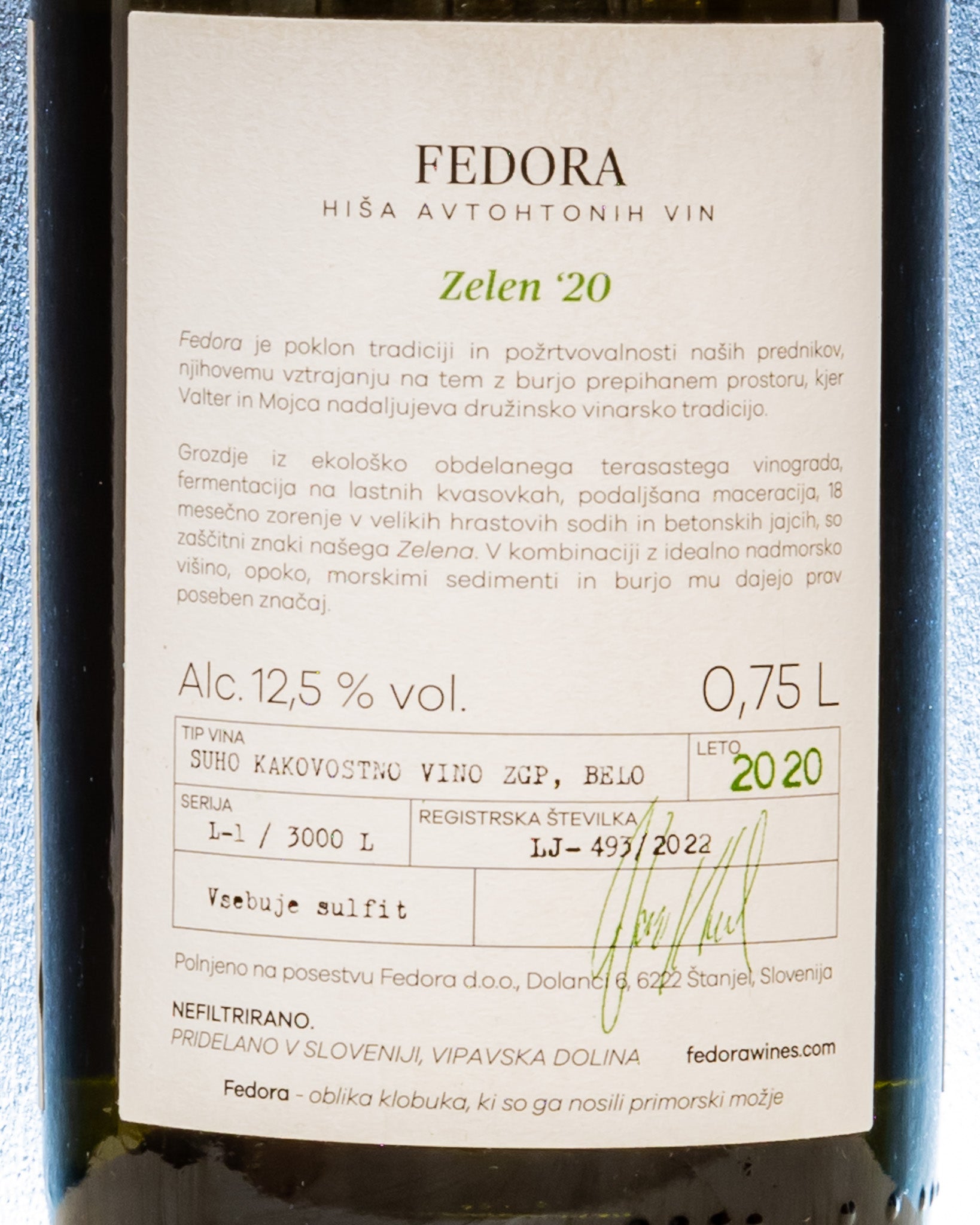 Fedora Zelen 2020 Vino Macerato Orange Vipavska Dolina Valle Vipava Slovenia Retro Etichetta 2