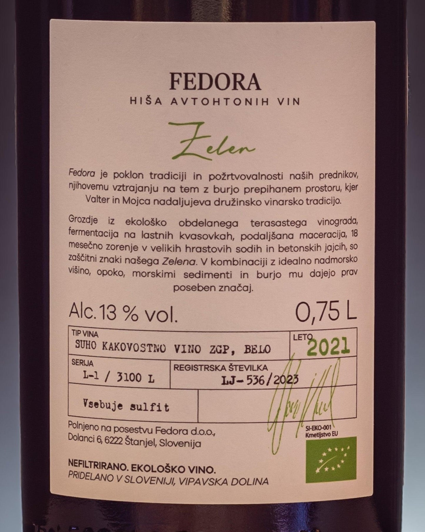 Fedora Zelen 2021 vino macerato Vipavska Dolina Valle Vipava Retro Etichetta Slovenia