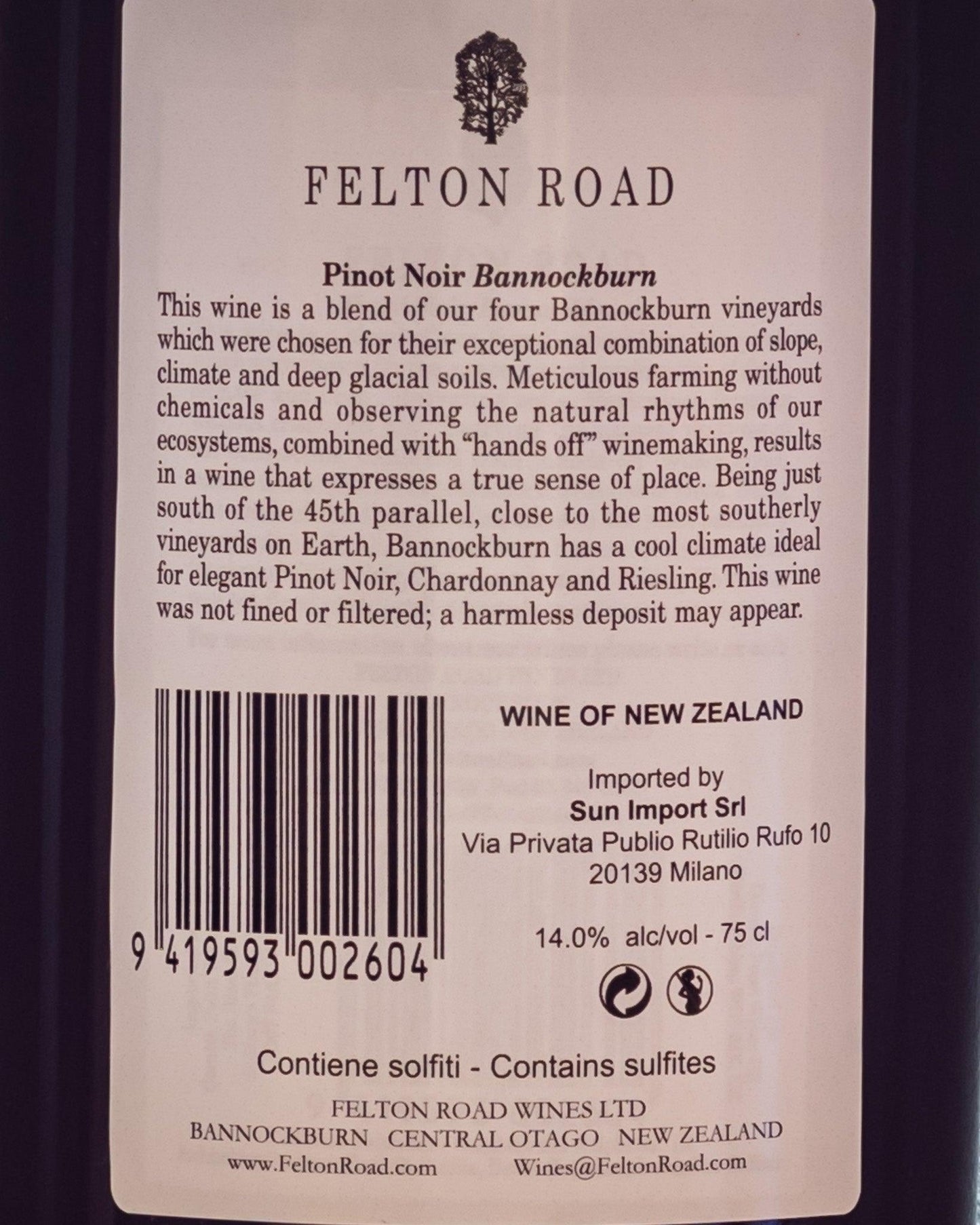Felton Road Pinot Nero Bannockburn Central Otago Nuova Zelanda Vino rosso 2020 etichetta