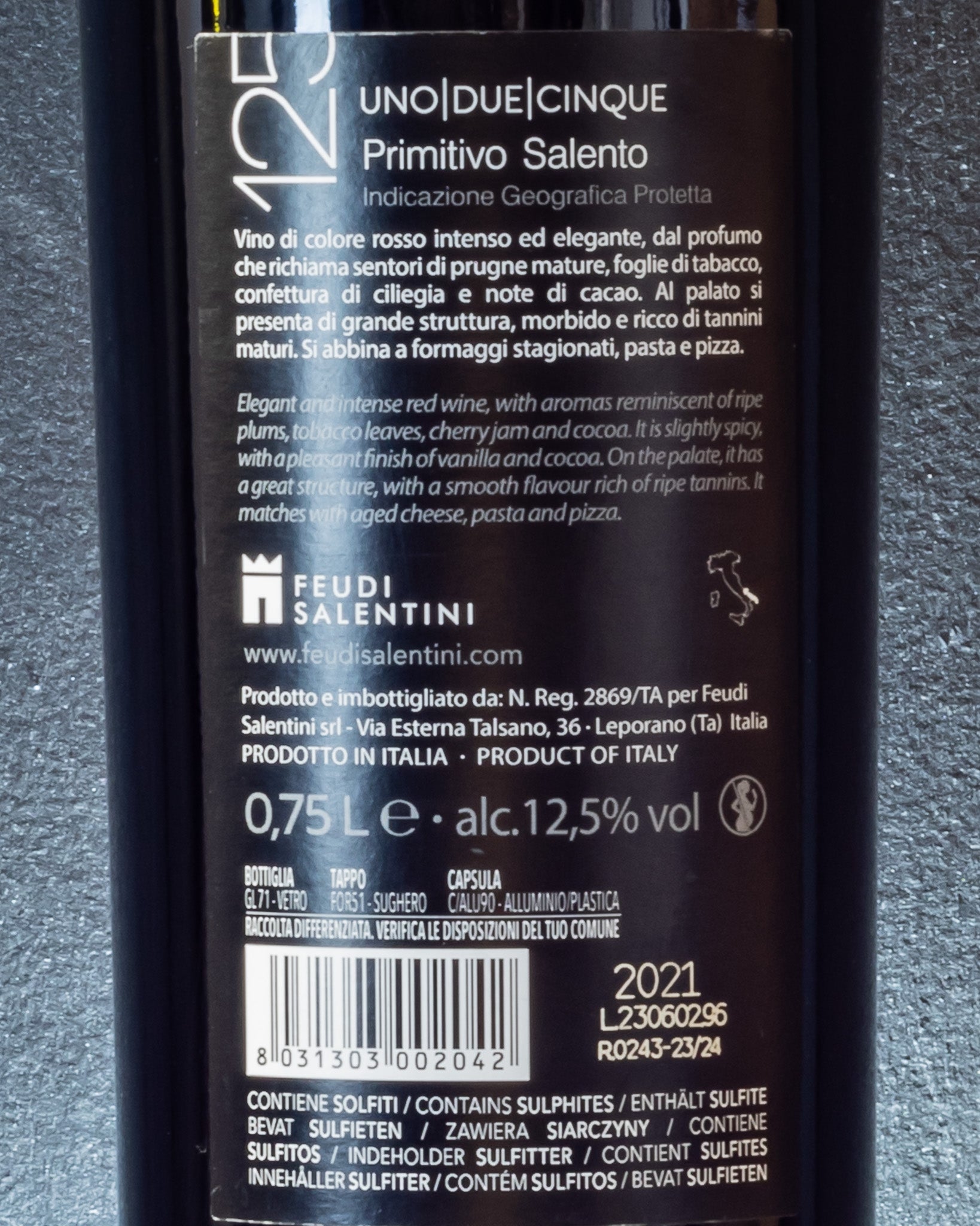 Feudi Salentini Primitivo Salento 2021 125 Uno Due Cinque Vino Rosso Puglia Italia Retro Etichetta