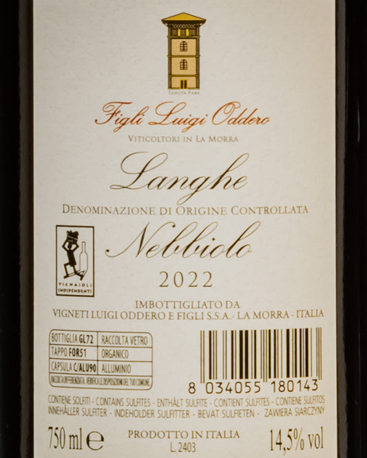 Figli Luigi Oddero Langhe Nebbiolo 2022 Piemonte Italia Vino Rosso Retro Etichetta