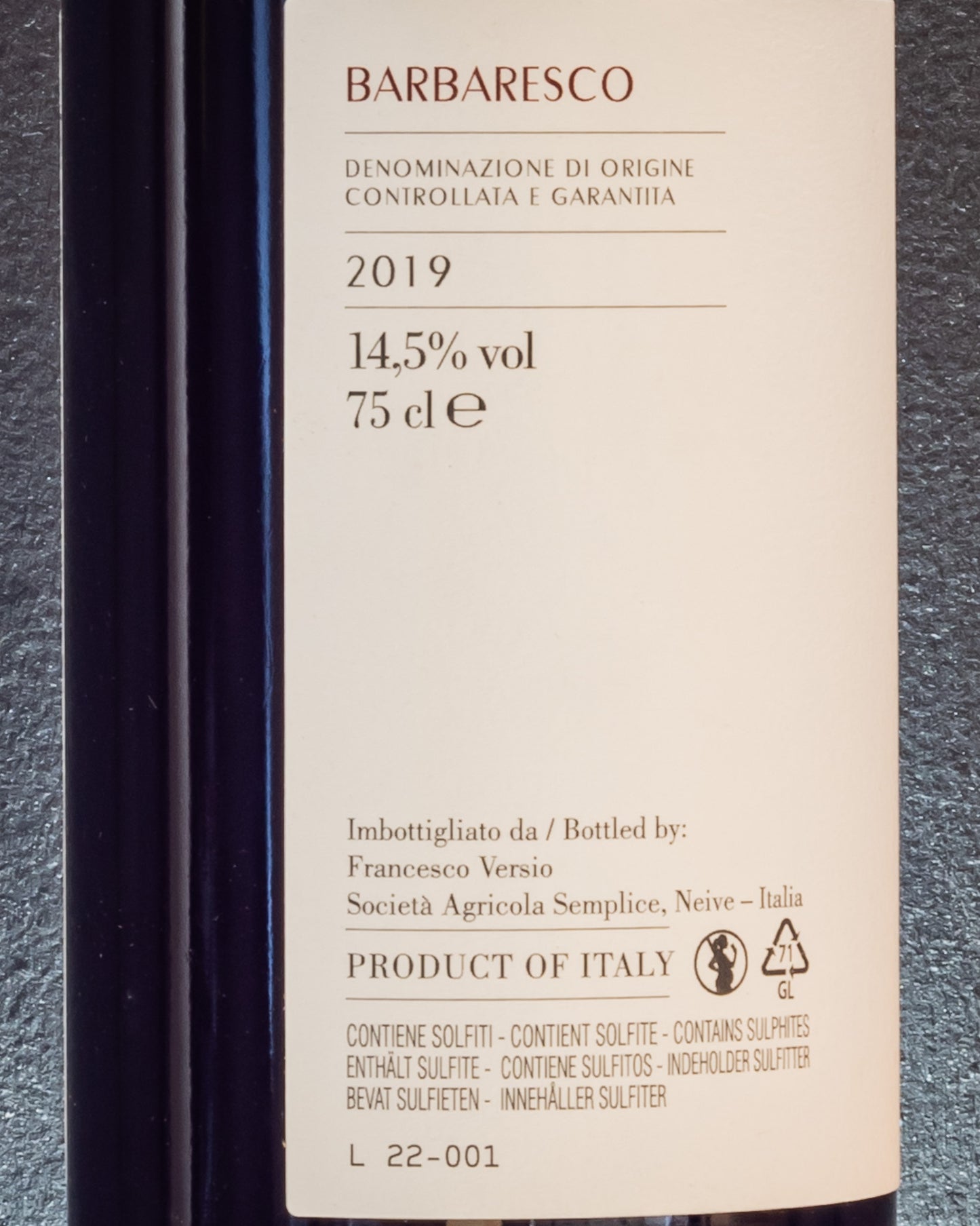 Francesco Versio Barbaresco 2019 Nebbiolo Langhe Piemonte Italia Vino Rosso Retro Etichetta