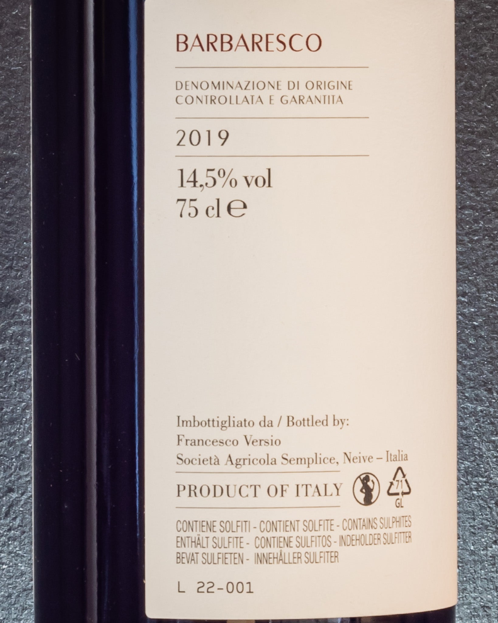 Francesco Versio Barbaresco 2019 Nebbiolo Langhe Piemonte Italia Vino Rosso Retro Etichetta