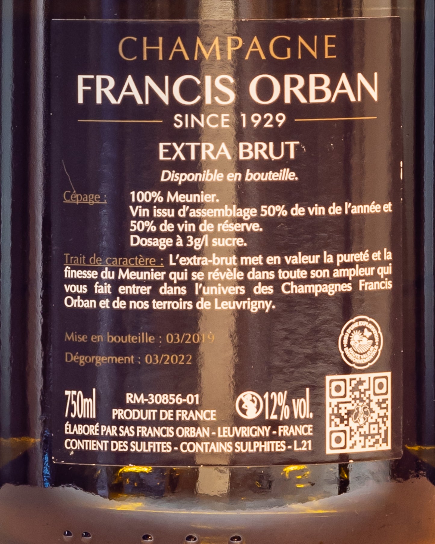 Francis Orban Champagne Extra Brut Blanc Noirs Meunier Vallee Marne Vino Francia Retro Etichetta