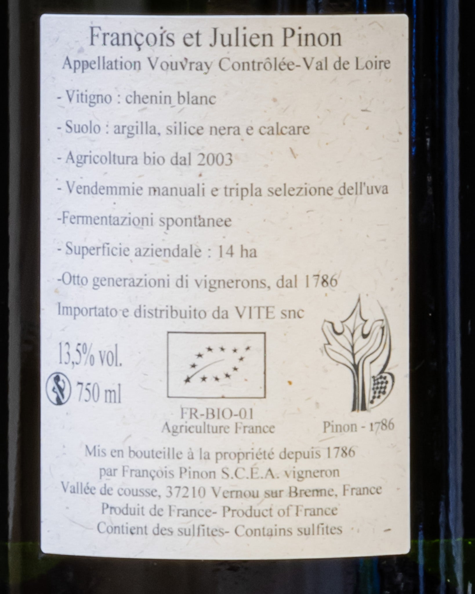 Francois Julien Pinon Vouvray 2020 Metodo Classico Vino Chenin Blanc Brut Non Dose Loira Francia Retro Etichetta