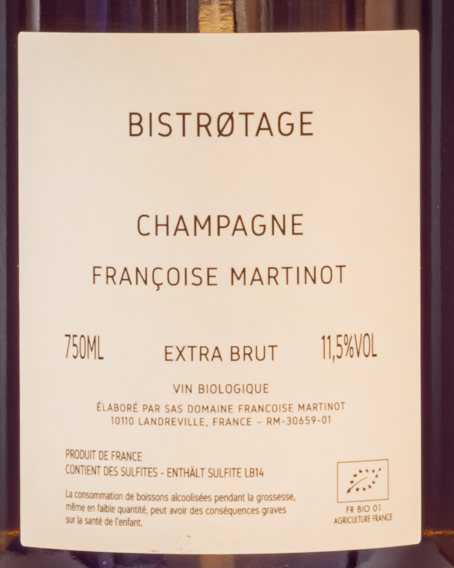 Francoise Martinot Champagne Extra Brut Bistrotage Chardonnay Pinot Nero Aube Vino Francia Retro Etichetta