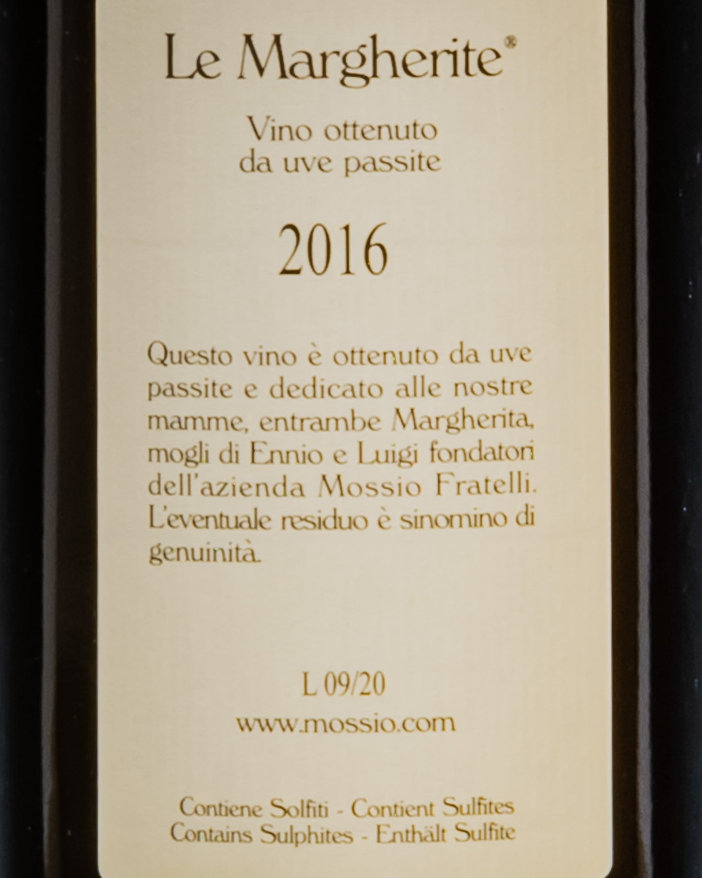 Fratelli Mossio Vino Rosso Passito 2016 Piemonte Langhe Dolcetto Margherite Italia Retro Etichetta