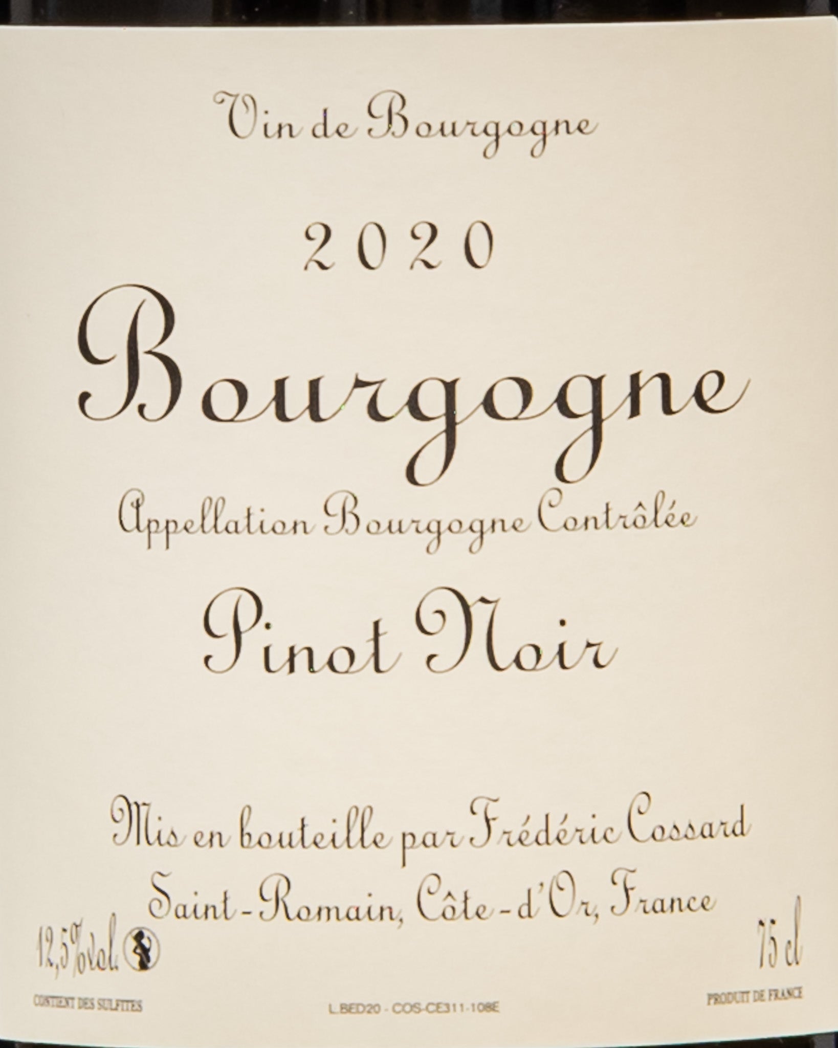 Frederic Cossard Bourgogne Pinot Noir 2020 Bedeau Nero Borgogna Vino Rosso Francia Retro Etichetta