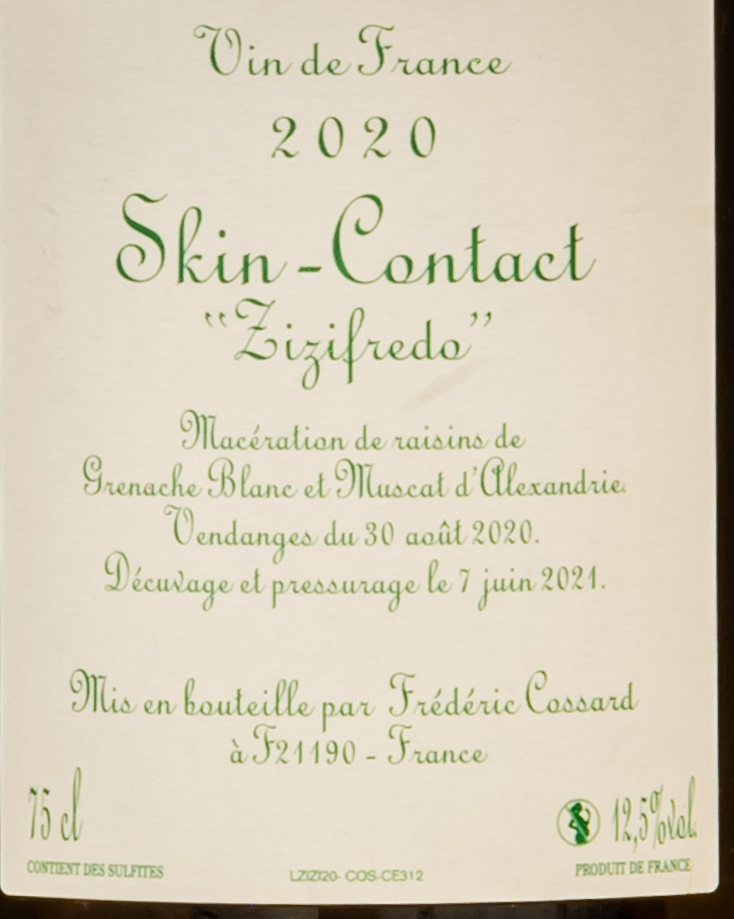 Frederic Cossard Skin Contact Zizifredo 2020 Grenache Blanc Moscato Alessandria Zibibbo Borgogna Vino Orange Macerato Francia Retro Etichetta