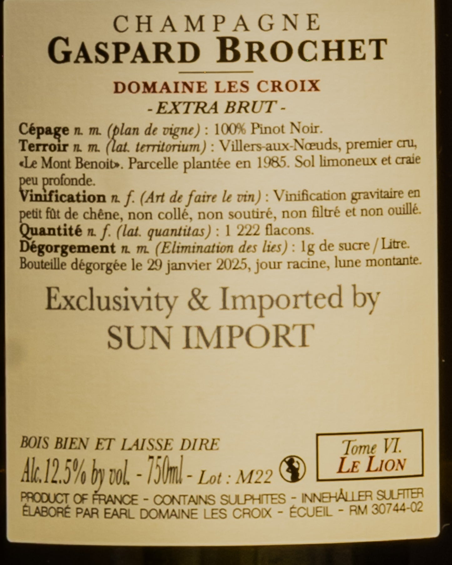 Gaspard Brochet Domaine Les Croix Champagne Extra Brut Lion Tome 6 Pinot Noir Nero Montagne Reims Vino Francia Retro Etichetta