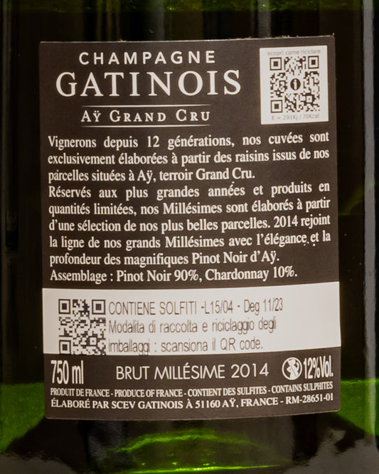 Gatinois Champagne Brut 2014 Millesime Pinot Noir Nero Chardonnay Ay Grand Cru Valle Marne Vino Francia Retro Etichetta