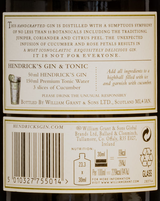 Gin Hendricks London Dry Distillato Regno Unito Scozia Retro Etichetta