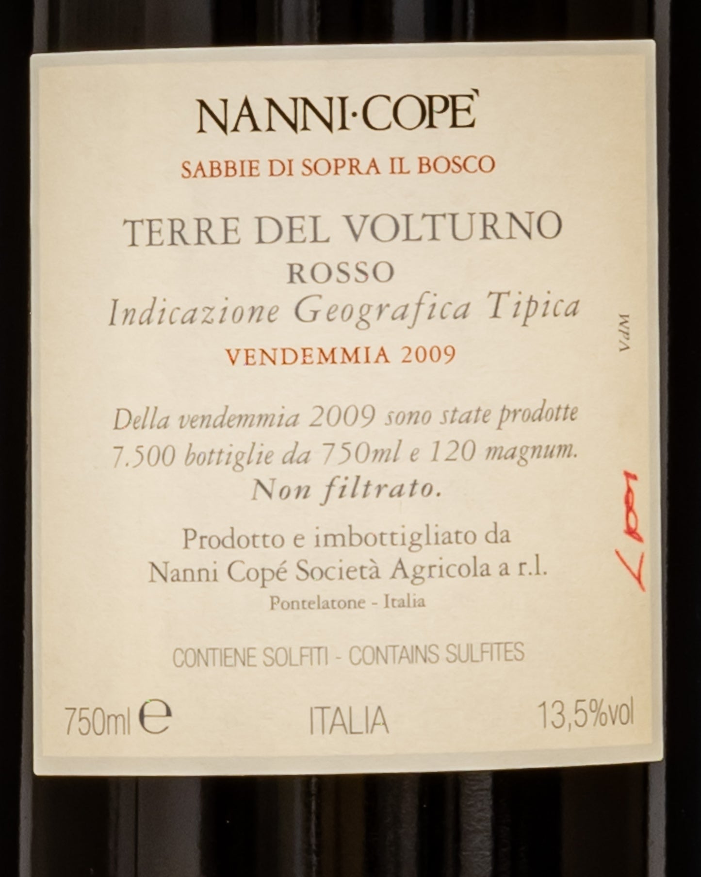 Giovanni Ascione Nanni Cope Terre Volturno Sabbie Sopra Bosco Aglianico Pallagrello Nero Casavecchia Vino Rosso Campania 2009 Italia Retro Etichetta