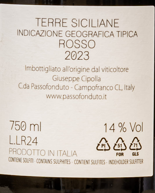 Giuseppe Cipolla Passofonduto Le Robbe Nero Avola Catarratto Vino Rosso Sicilia Italia 2023 Retro Etichetta