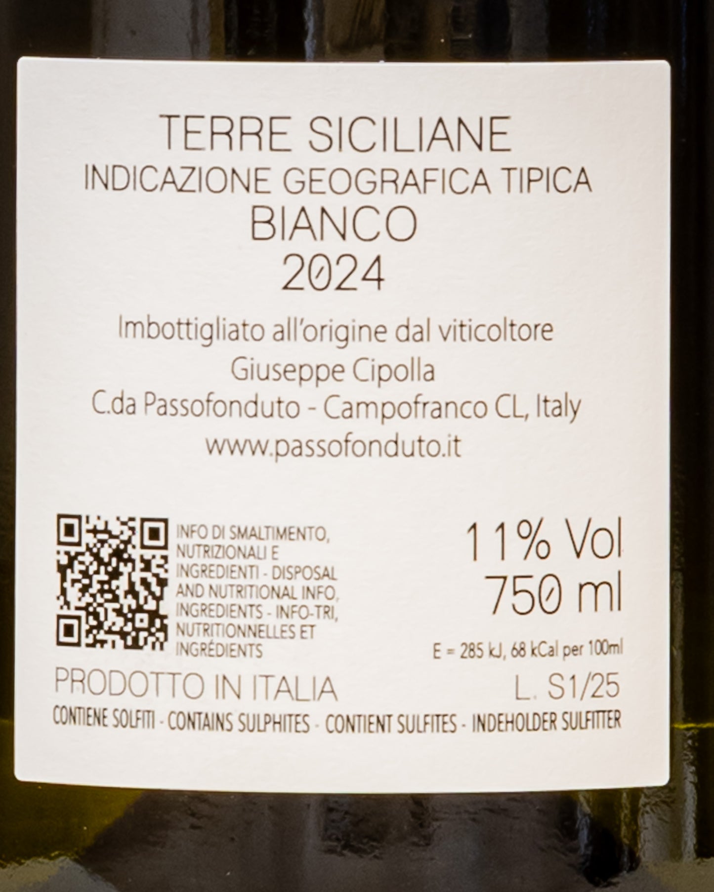 Giuseppe Cipolla Passofonduto Terre Siciliane Bianco Solfare Catarratto Grillo 2024 Vino Sicilia Italia Retro Etichetta