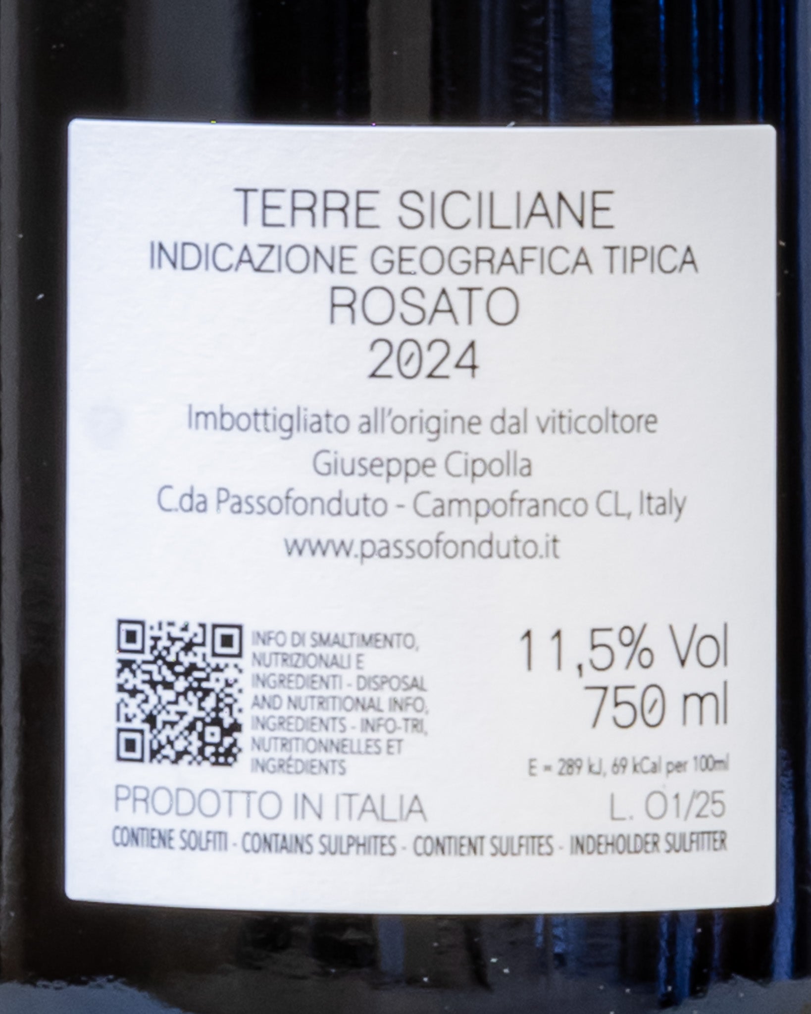 Giuseppe Cipolla Rosato Terre Siciliane 2024 Nero d'Avola Inzolia Nerello Mascalese Vino Sicilia Retro Etichetta