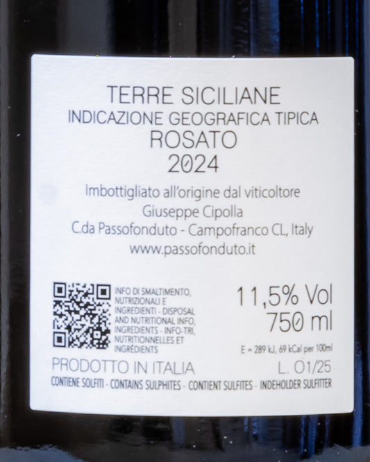 Giuseppe Cipolla Rosato Terre Siciliane 2024 Nero d'Avola Inzolia Nerello Mascalese Vino Sicilia Retro Etichetta