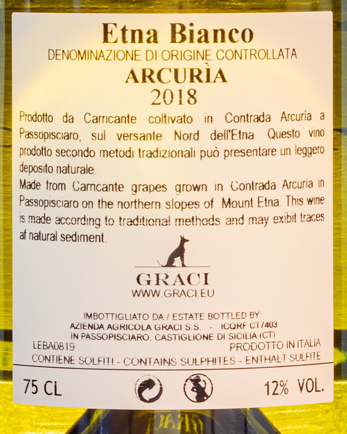 Graci Etna Bianco Contrada Arcuria 2018 Vino Carricante Sicilia Italia Retro Etichetta