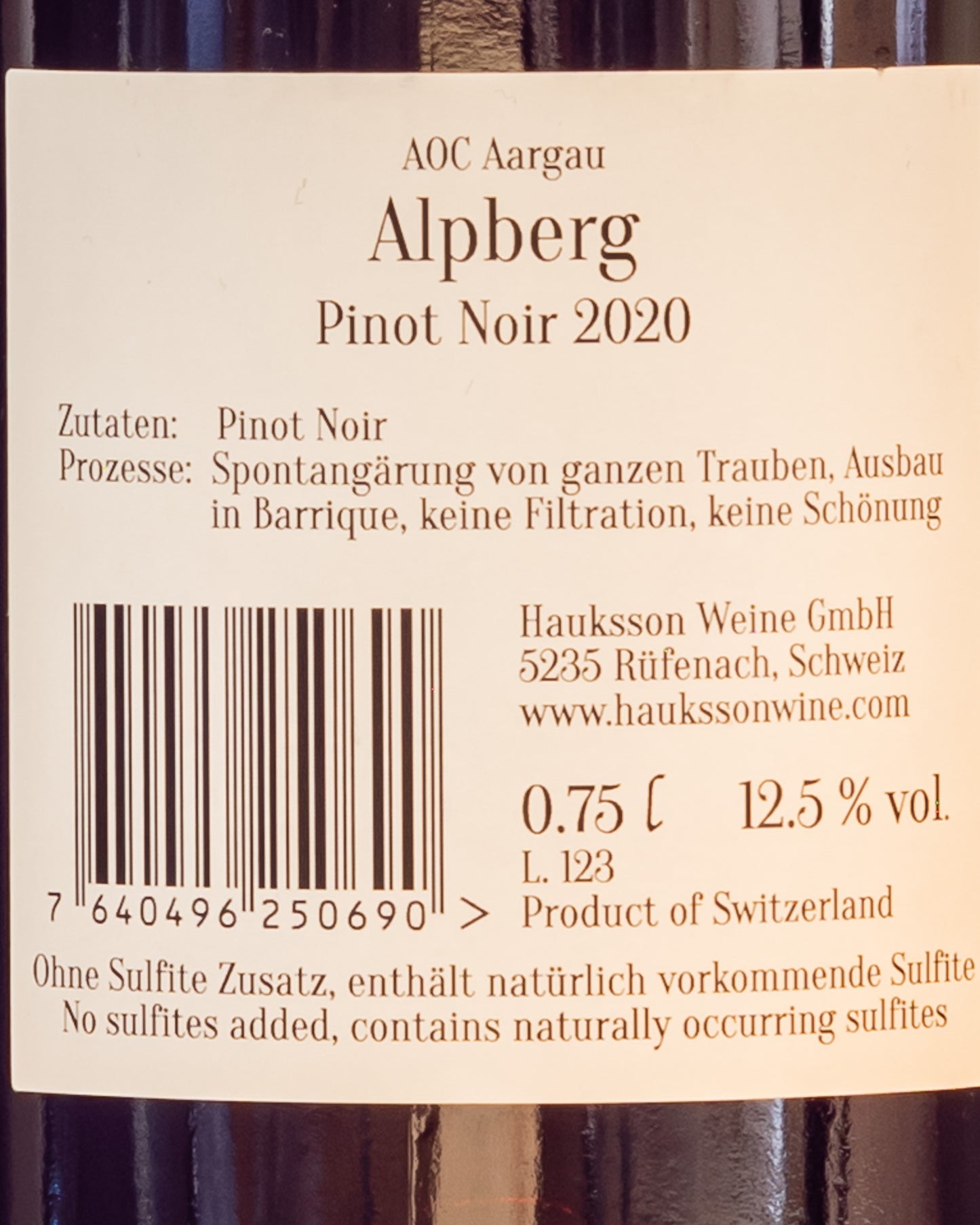 Hauksson Aalpberg Pinot Noir Nero 2020 Vino Rosso Argovia Aargau Svizzera Retro Etichetta