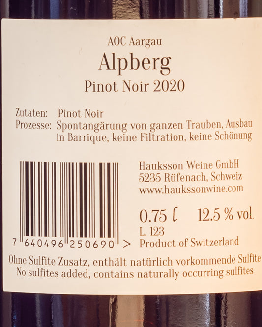 Hauksson Aalpberg Pinot Noir Nero 2020 Vino Rosso Argovia Aargau Svizzera Retro Etichetta
