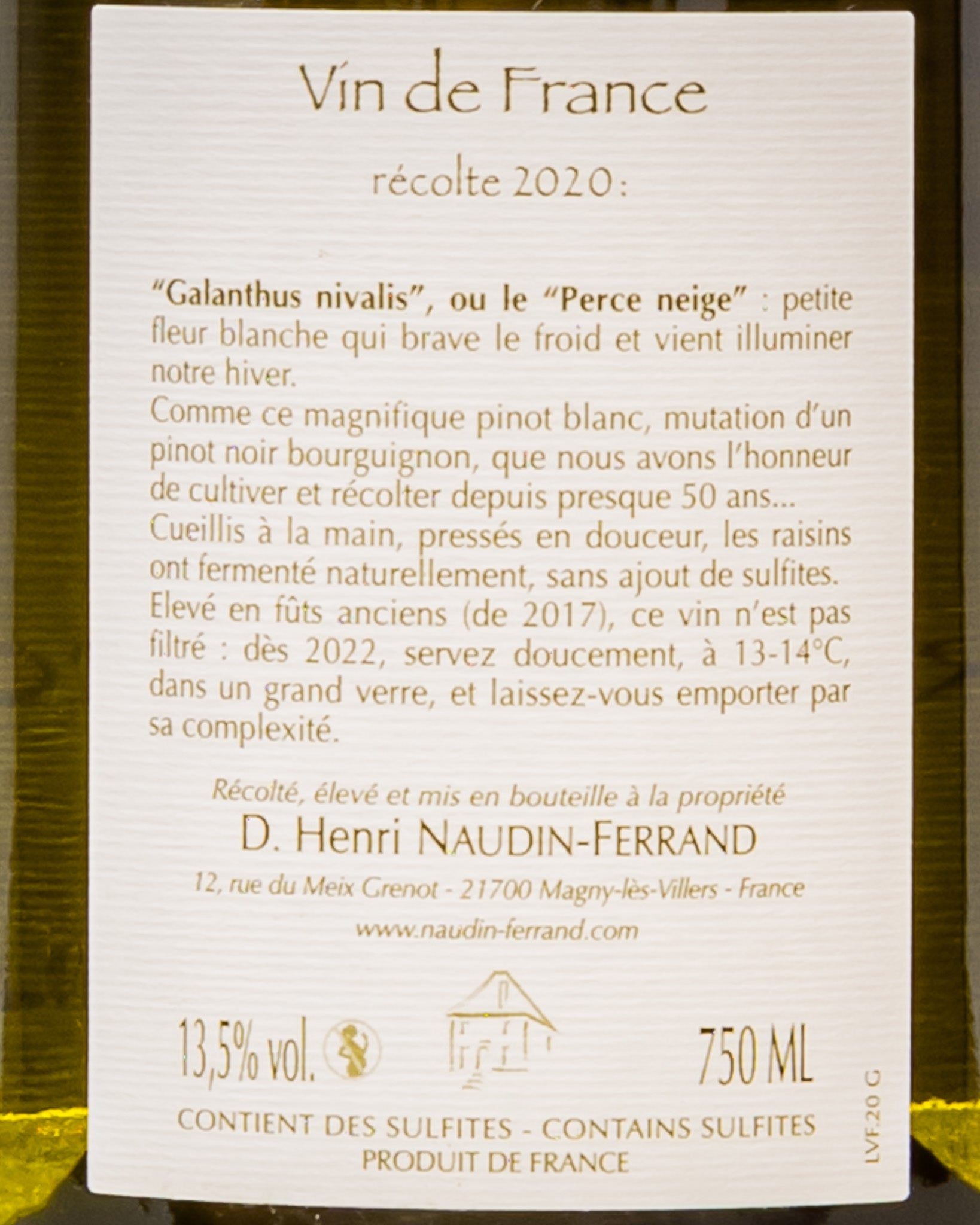 Henri Claire Naudin Ferrand Galanthus Nivalis 2020 Pinot Blanc Bianco Vino Borgogna Francia Retro Etichetta