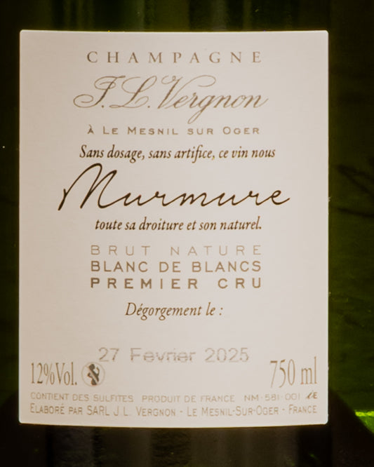 Jean Louis Vergnon Champagne Brut Nature Premier Cru 1er Murmure Chardonnay Blanc Blancs Mesnil Oger Vino Francia Retro Etichetta