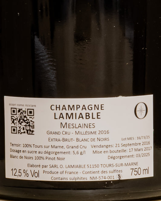 Lamiable Champagne Extra Brut Grand Cru Meslaines Blanc Noirs Pinot Noir Nero Grand Cru 2016 Valle Marne Vino Francia Retro Etichetta