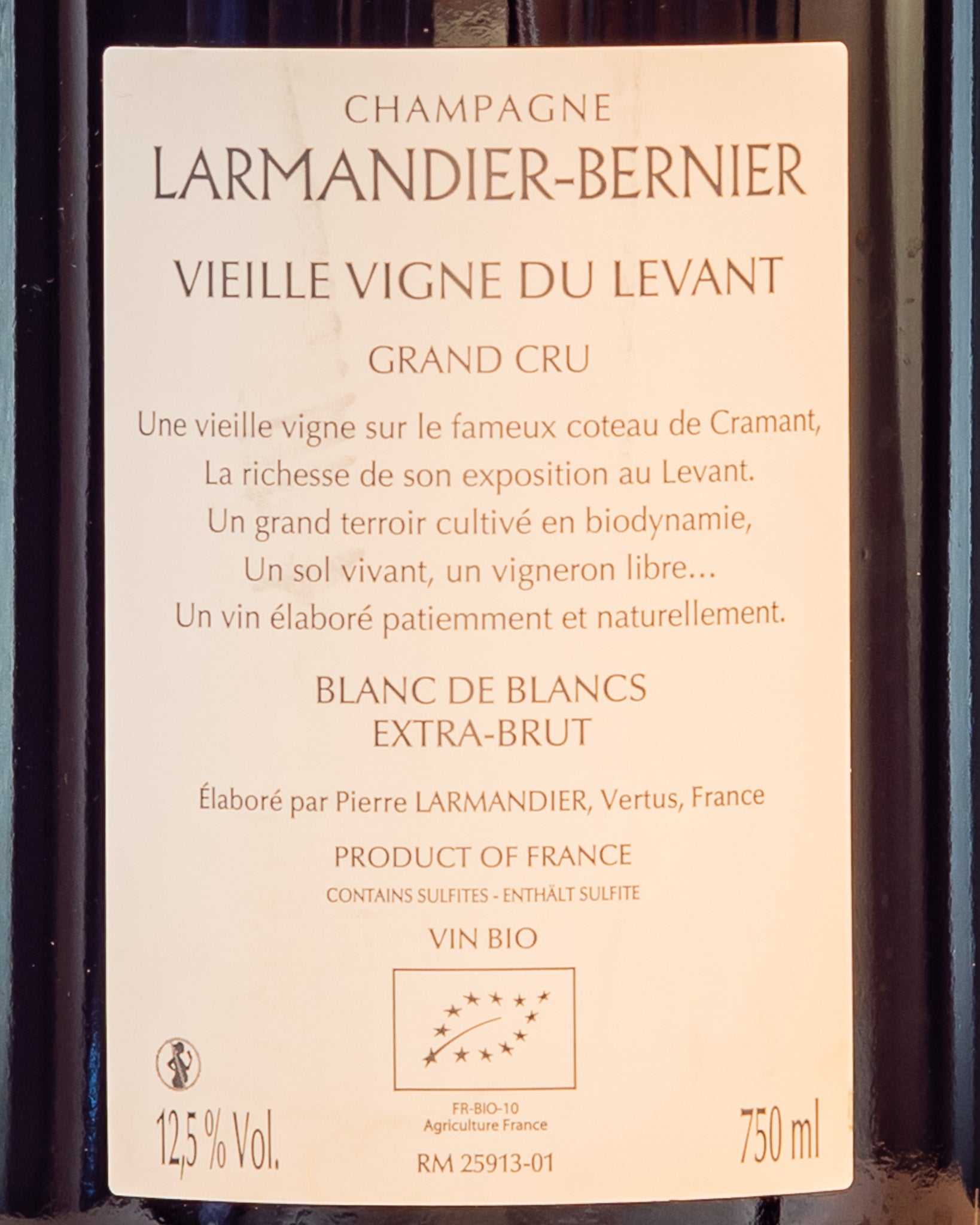 Larmandier Bernier Vieille Vigne Levant 2013 Champagne Blanc Blancs Francia Chardonnay Grand Cru Retro Etichetta Extra Brut