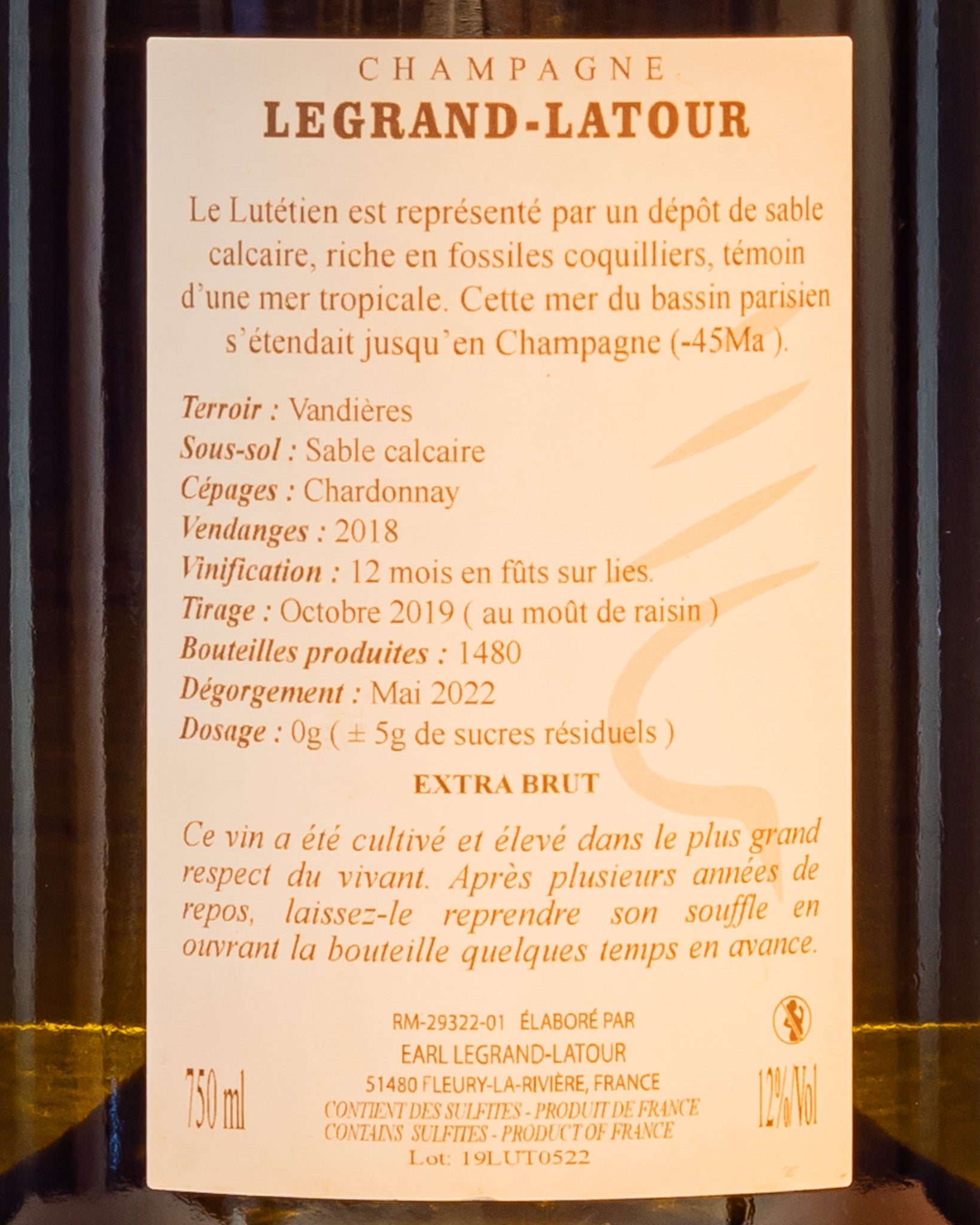 Legrand Latour Lutetien Champagne Extra Brut Chardonnay 2018 Vino Francia Retro Etichetta