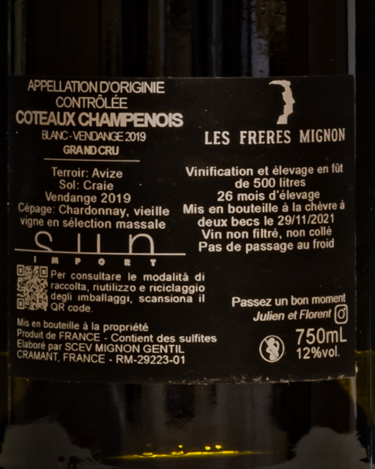 Les Freres Mignon Coteaux Champenois Blanc Grand Cru 2019 Chardonnay Vino Bianco Champagne Francia Retro Etichetta