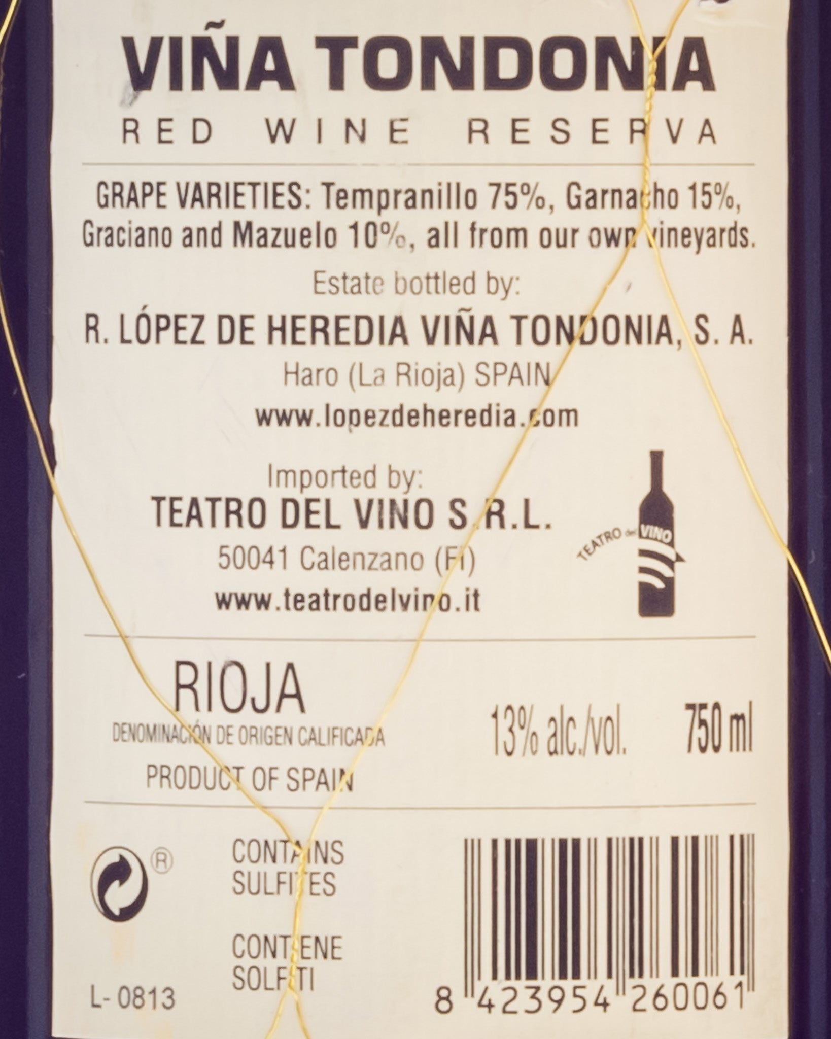 Lopez Heredia Rioja Vina Tondonia Reserva 2008 Vino Rosso Spagna Tempranillo Retro Etichetta