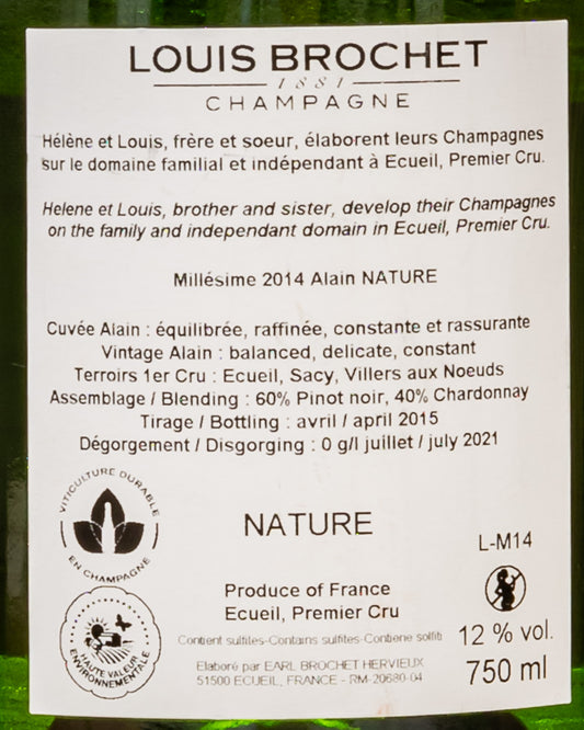 Louis Brochet Champagne Nature 2014 Alain Pinot Noir Nero Chardonnay Montagne Reims Francia Vino Retro Etichetta