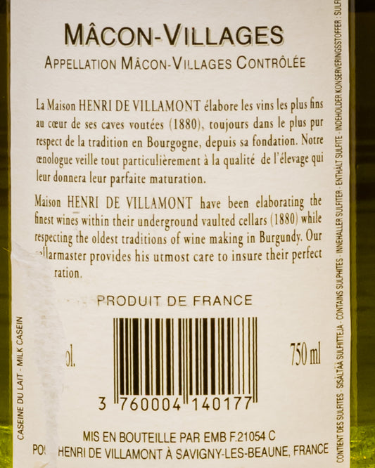 Maison Henri Villamont Macon Villages Chardonnay Borgogna Maconnais Vino Bianco Francia 2015 Retro Etichetta
