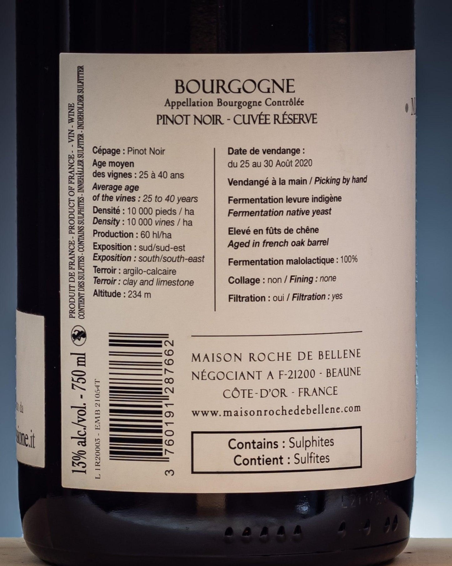 Maison Roche de Bellene Bourgogne Pinot Nero 2020 Vino Rosso Borgogna Francia Retro Etichetta