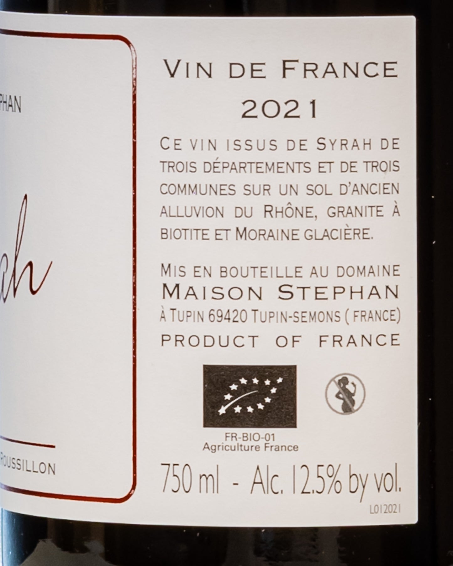 Maison Stephan Syrah Rodano Cote Rotie Francia Vino Rosso 2021 Retro Etichetta
