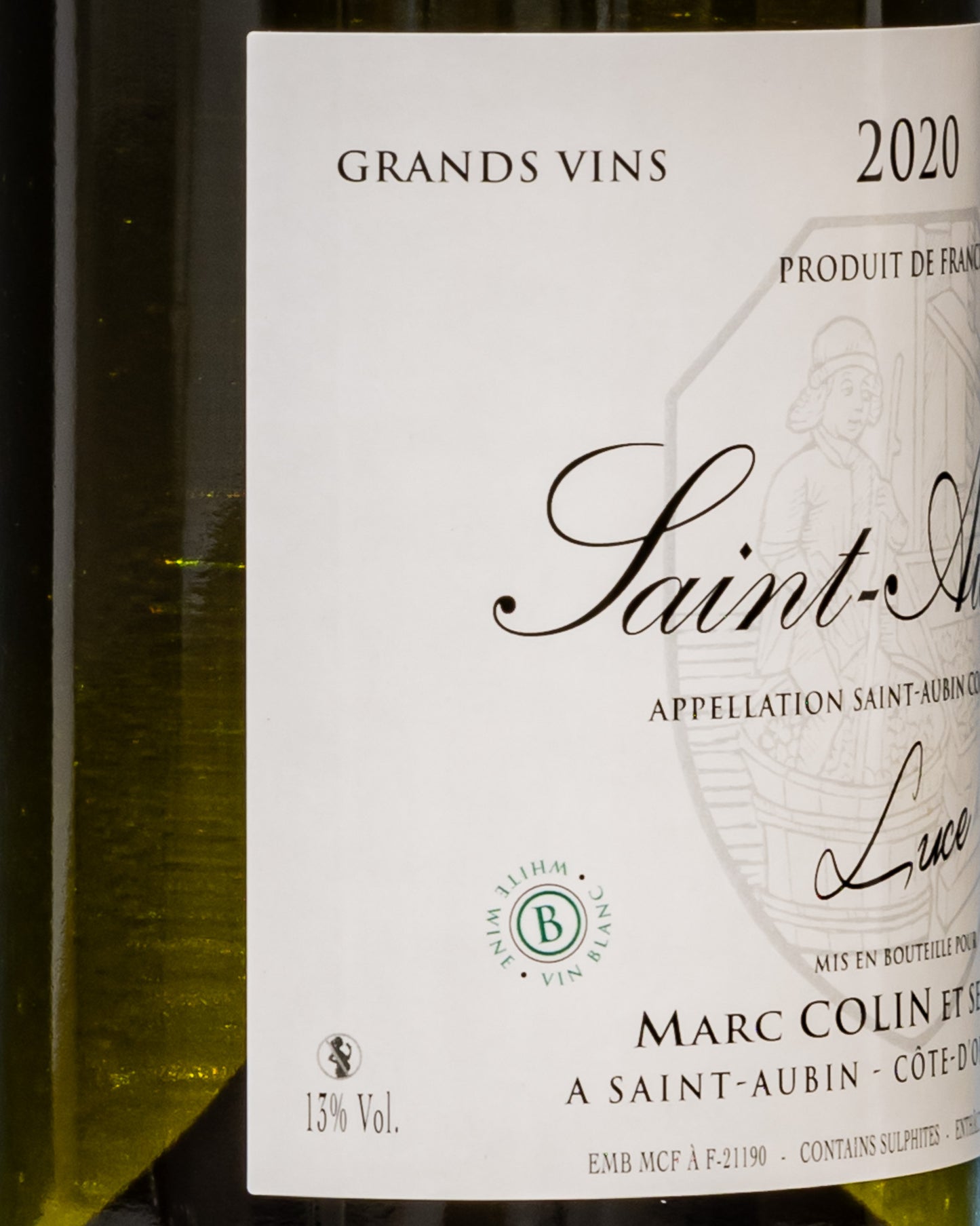 Marc Colin Saint Aubin Luce 2020 Borgogna Francia Chardonnay Vino Bianco Retro Etichetta