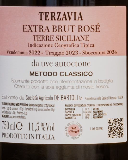 Marco Bartoli Terzavia Rose Extra Brut Vino Rosato Metodo Classico Spumante Marsala Sicilia Italia 2022 Retro Etichetta