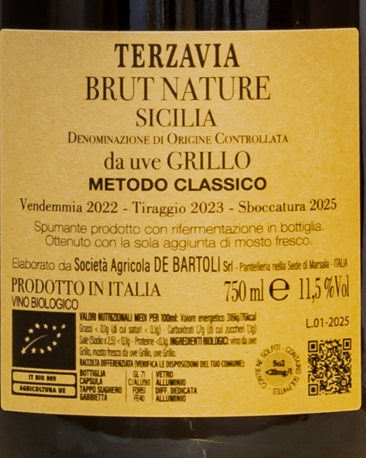 Marco De Bartoli Terzavia Metodo Classico Grillo Marsala Vino Sicilia Italia 2022 Retro Etichetta
