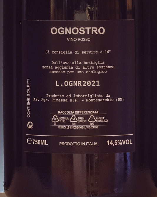 Marco Tinessa Rosso Campania Italia Vino Irpinia Aglianico 2021 Ognostro retro etichetta
