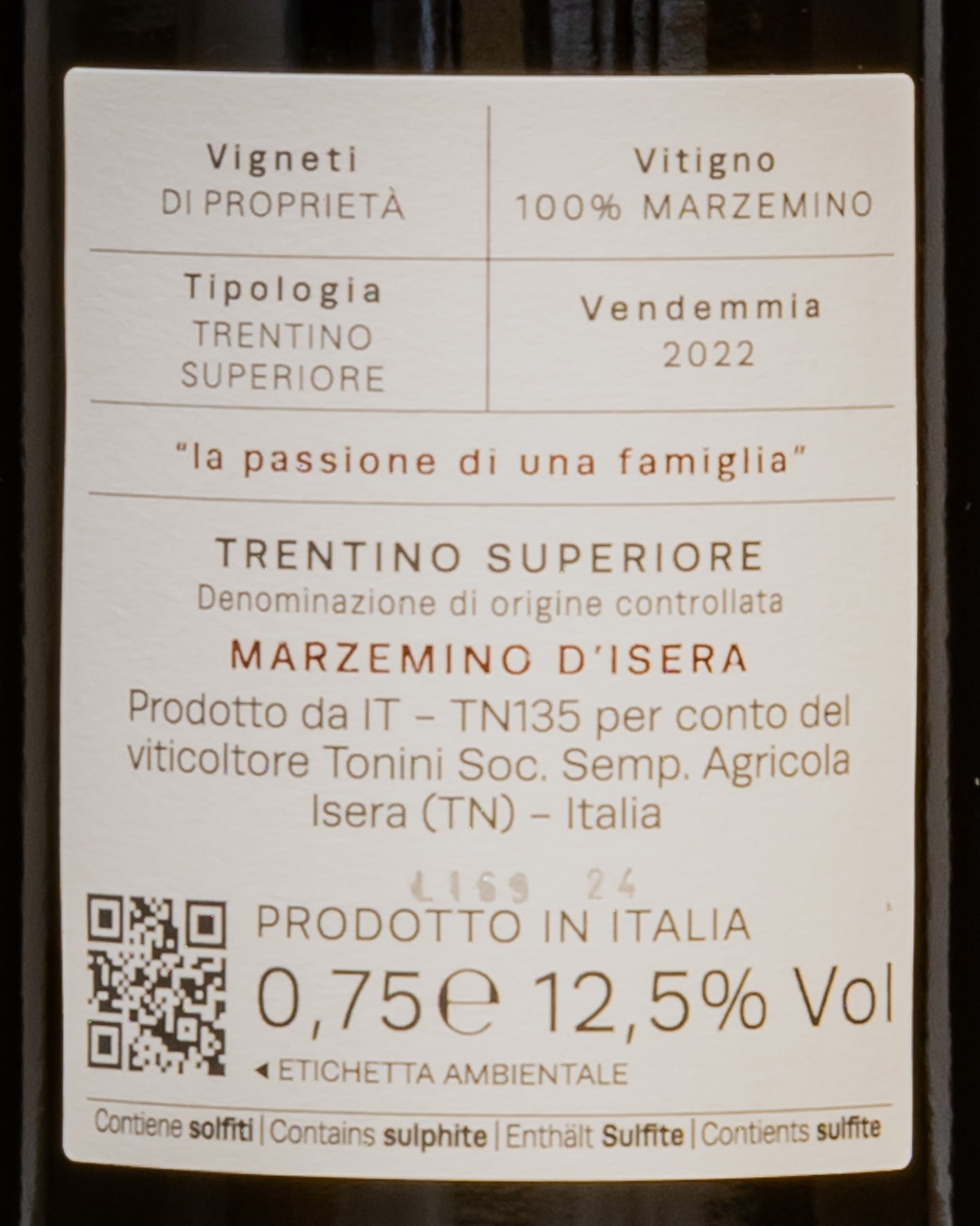 Marco Tonini Marzemino Isera Trentino Superiore Vino Rosso Italia 2022 Retro Etichetta