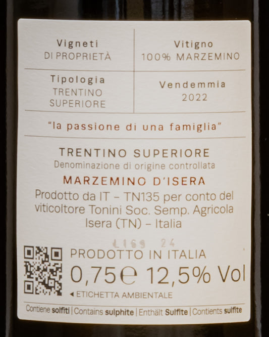 Marco Tonini Marzemino Isera Trentino Superiore Vino Rosso Italia 2022 Retro Etichetta