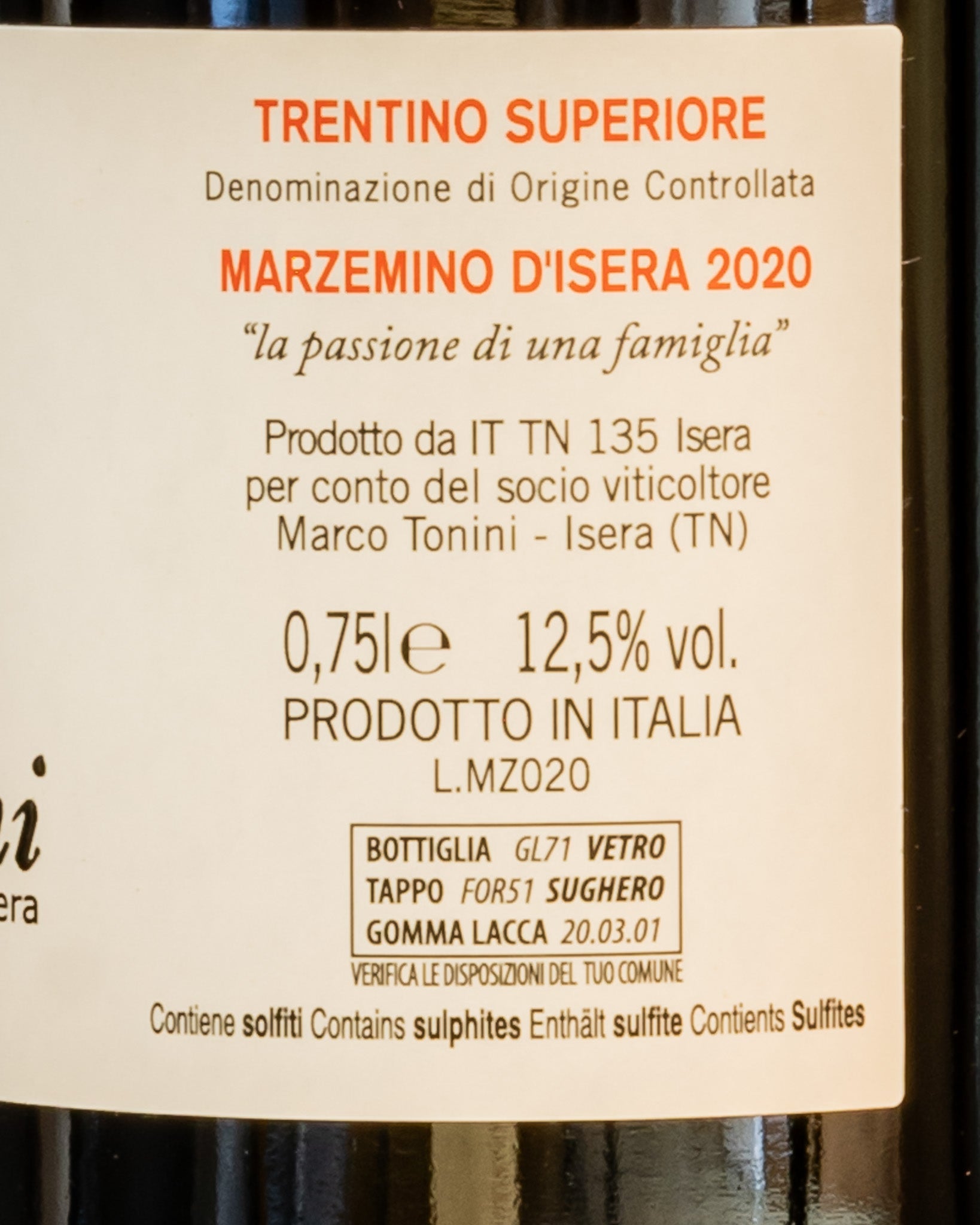 Marco Tonini Marzemino Isera Vallagarina Trentino Italia Vino Rosso 2020 Retro Etichetta 1