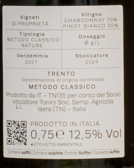 Marco Tonini Trentodoc Trento Doc 2021 Nature Chardonnay Pinot Bianco Metodo Classico Trentino Vino Italia Retro Etichetta