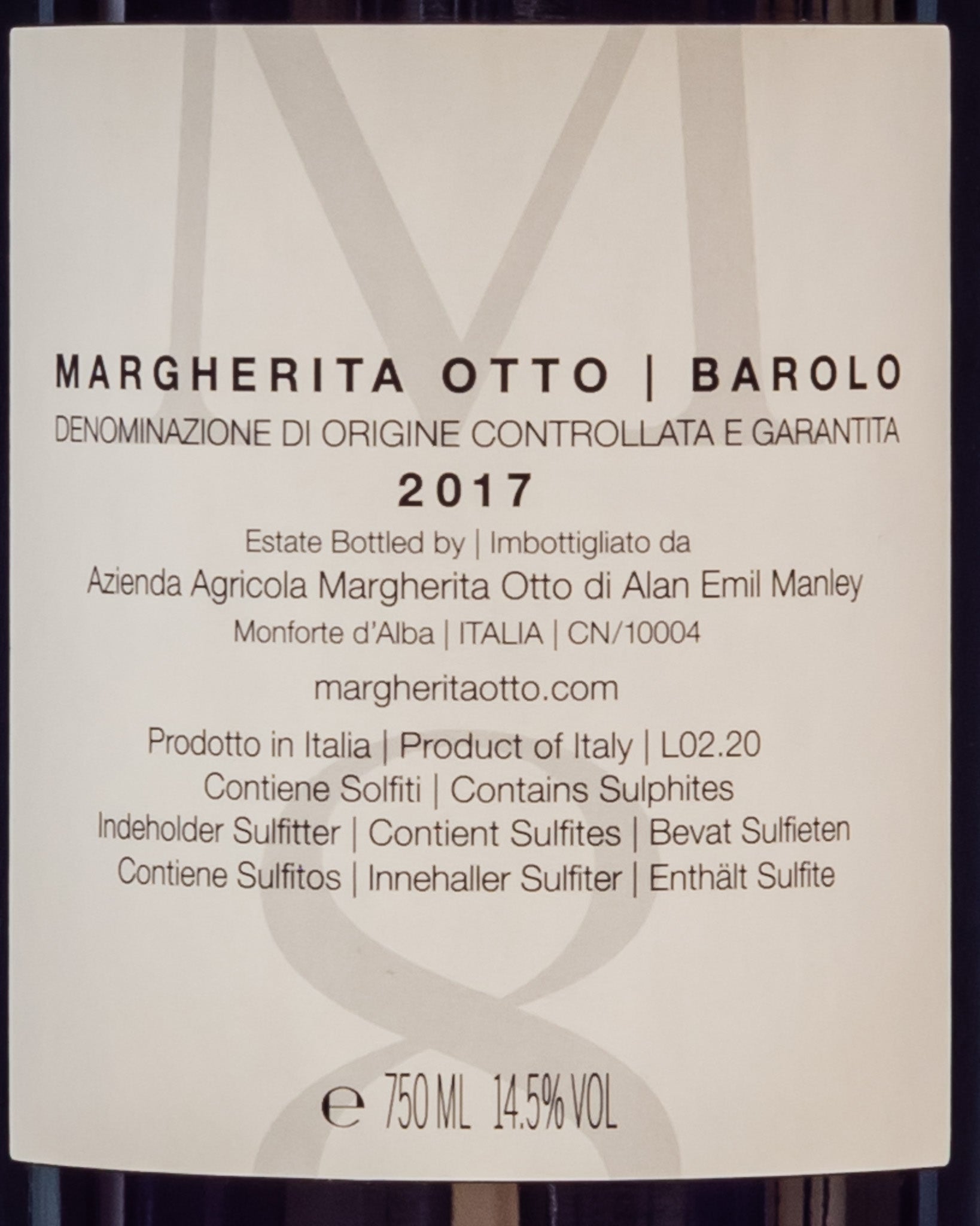 Margherita Otto Barolo 2017 Langhe Nebbiolo Piemonte Vino Rosso Italia Retro Etichetta