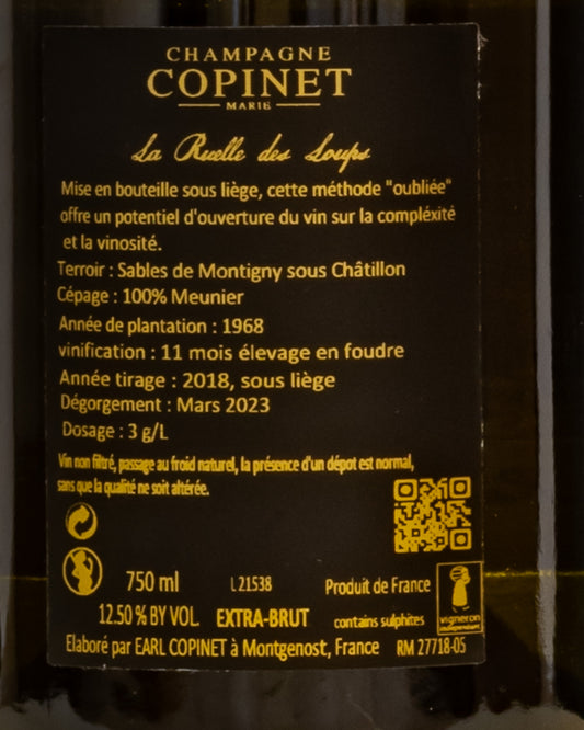Marie Copinet Rouelle Des Loups Extra Brut Meunier Vino Francia Champagne Cote Sazanne Retro Etichetta