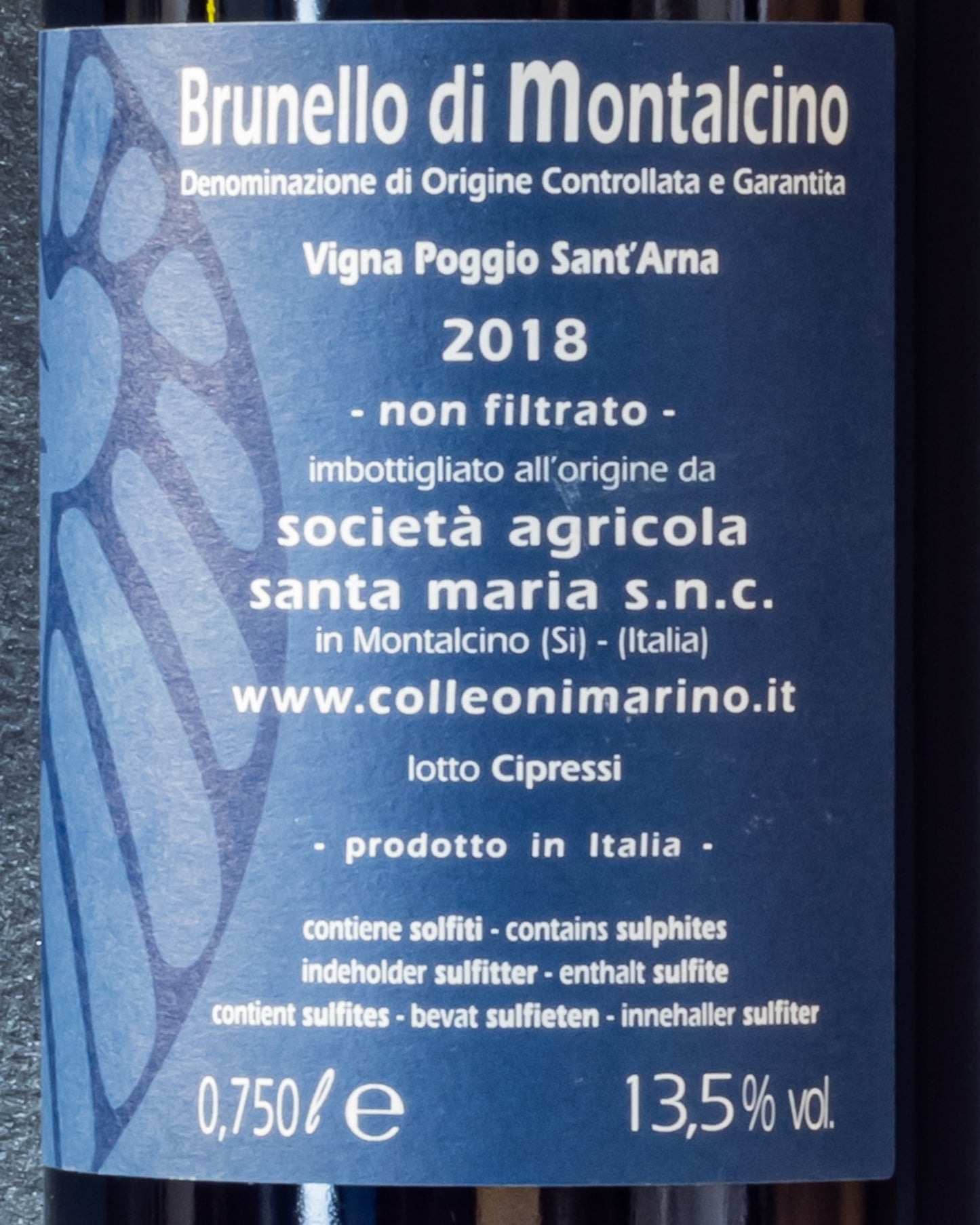 Marino Colleoni Podere Sante Marie Brunello Montalcino 2018 Vigna Poggio Sant Arna Sangiovese Vino Rosso Toscana Italia Retro Etichetta