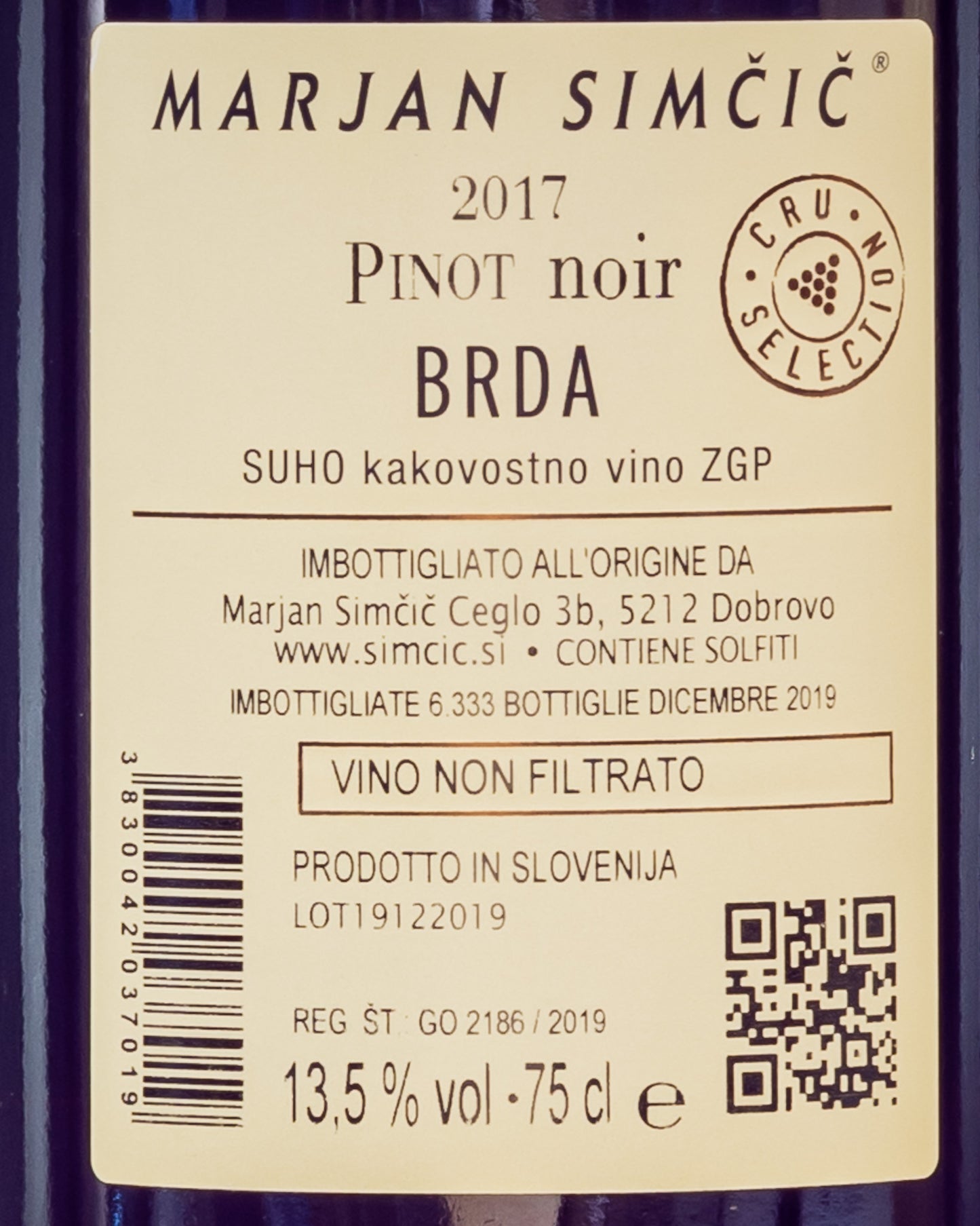 Marjan Simcic Pinot Noir Nero 2017 Cru Selection Vino Rosso Brda Slovenia Retro Etichetta