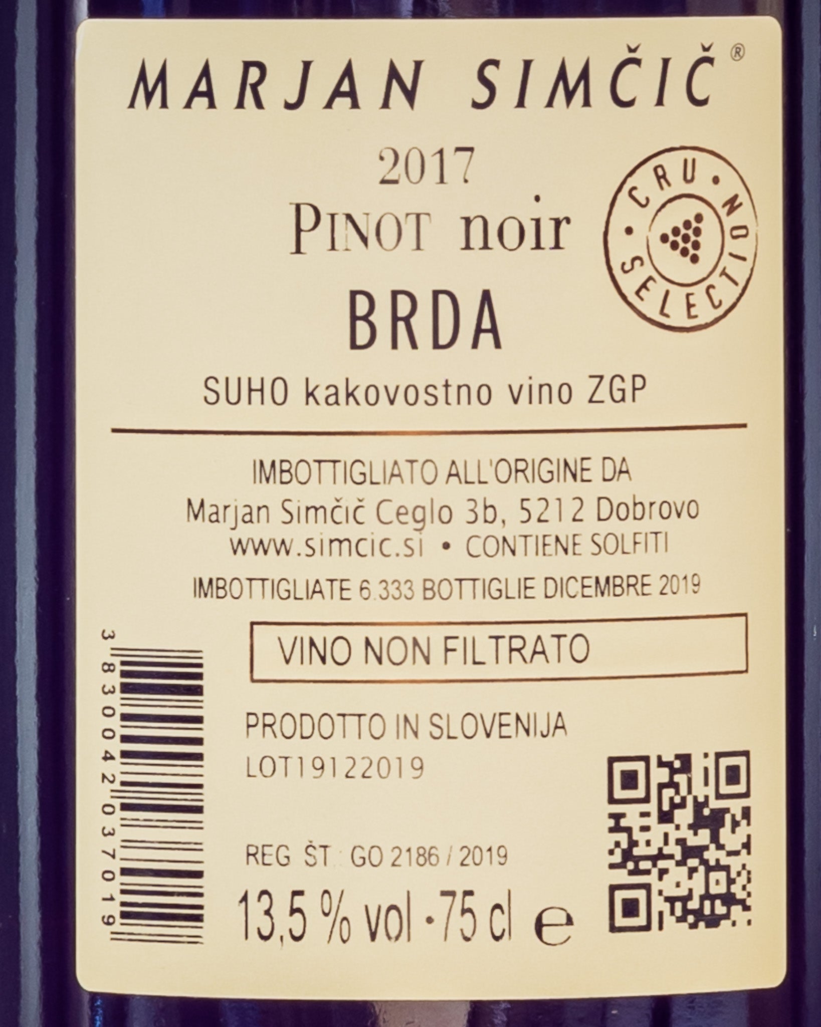 Marjan Simcic Pinot Noir Nero 2017 Cru Selection Vino Rosso Brda Slovenia Retro Etichetta