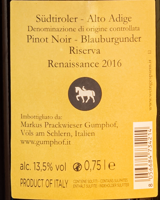 Markus Prackwieser Gumphof Pinot Noir Nero Blauburgunder Riserva Renaissance 2016 Vino Rosso Alto Adige Italia Retro Etichetta