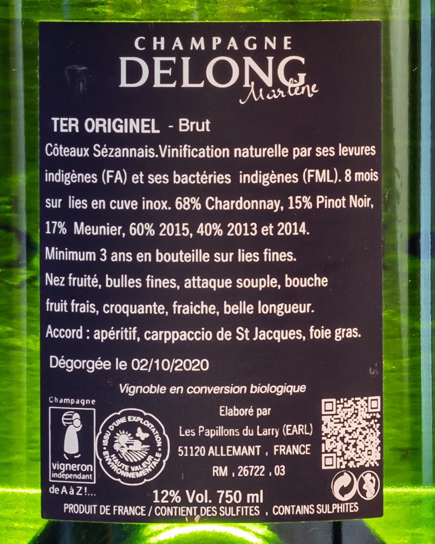 Marlene Delong Champagne Brut Ter Originel Cote Sezainne Vino Francia Chardonnay Pinot Noir Nero Meunier Retro Etichetta